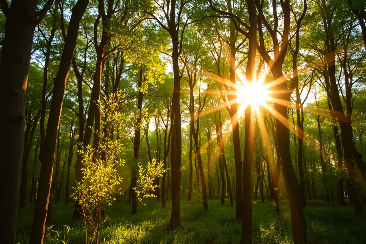 Floresta com luz solar entre as árvores